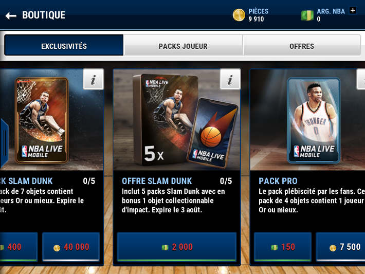 Boutique des Packs dans NBA Live Mobile