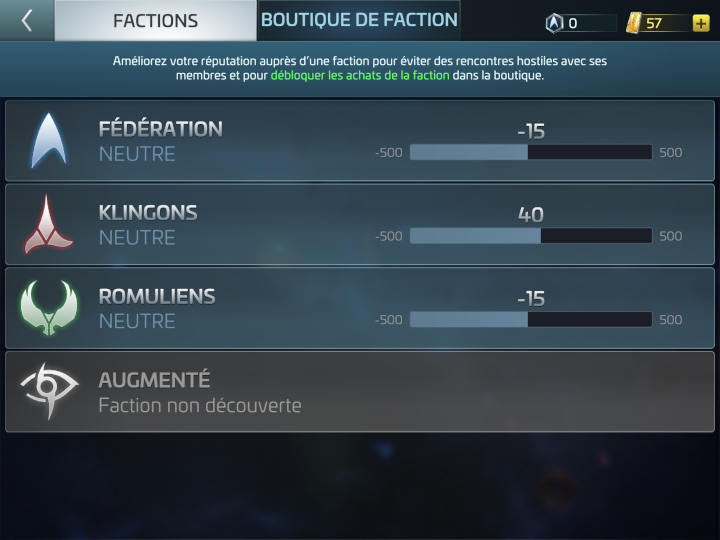 relations avec factions : Fédération, Klingons, Romuliens