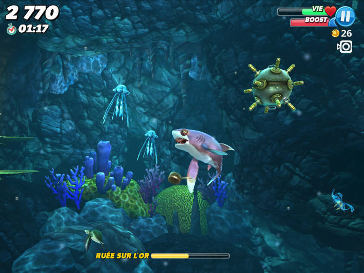 Les mines et méduses dans Hungry Shark World